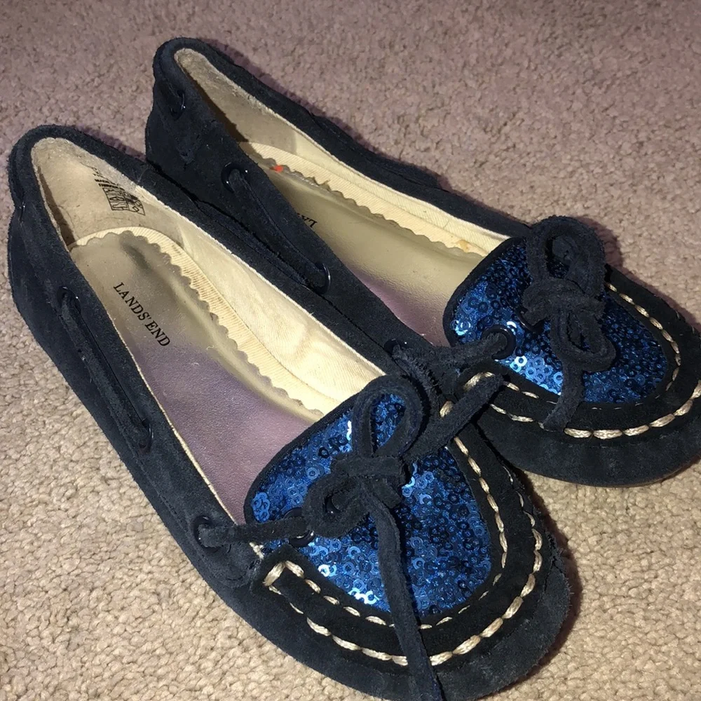 Lands End Holiday Girls toddlers size 11 Sequins Suede Loafers Navy‎ Blue